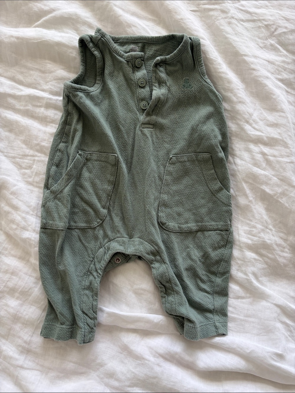 GAP Sage Green Sleeveless Baby Romper with Front Pockets
